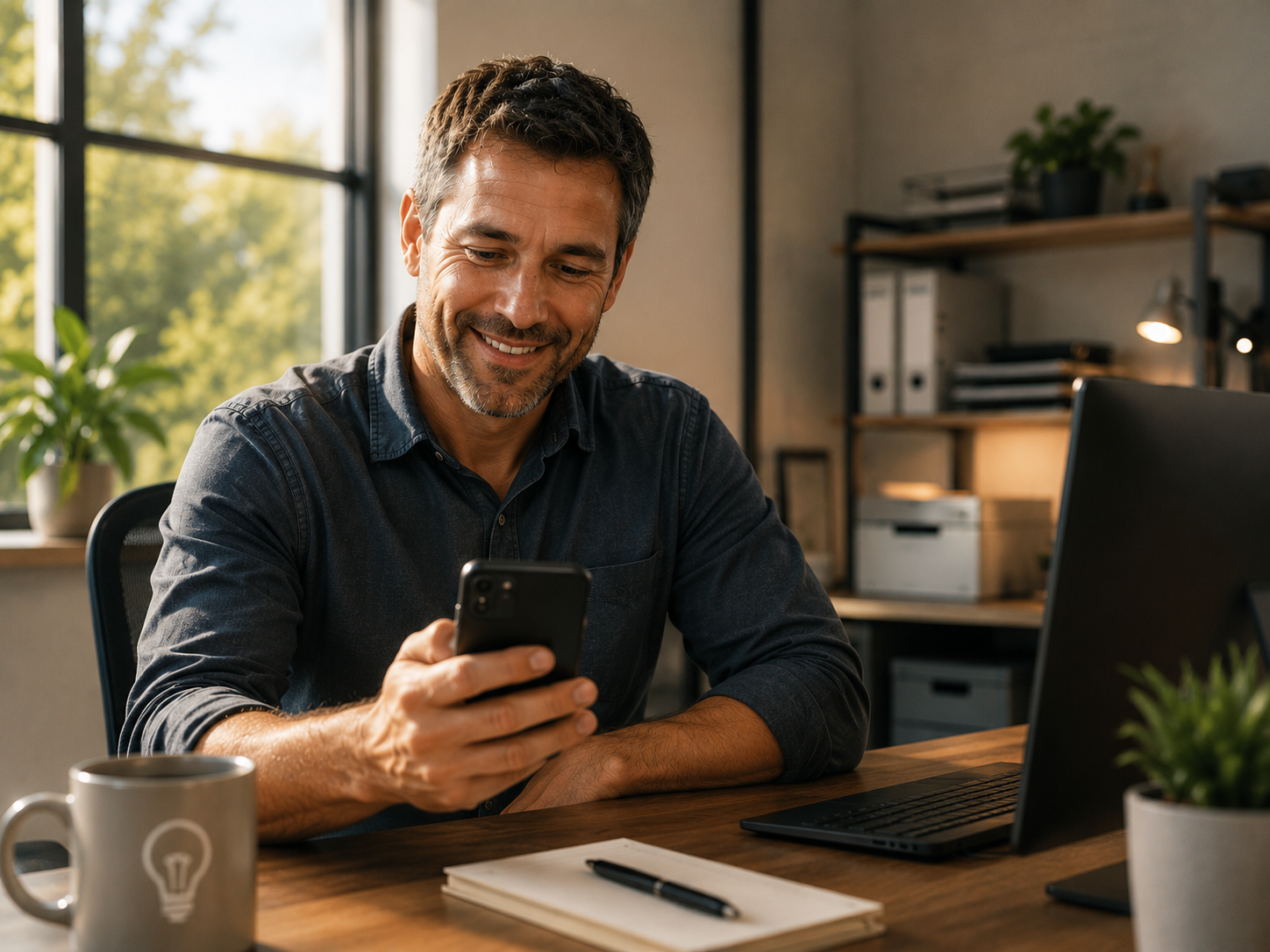 Small-business owner reviewing a customer message at his desk